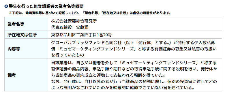 株式会社安藤綜合研究所は金融庁から警告されていた